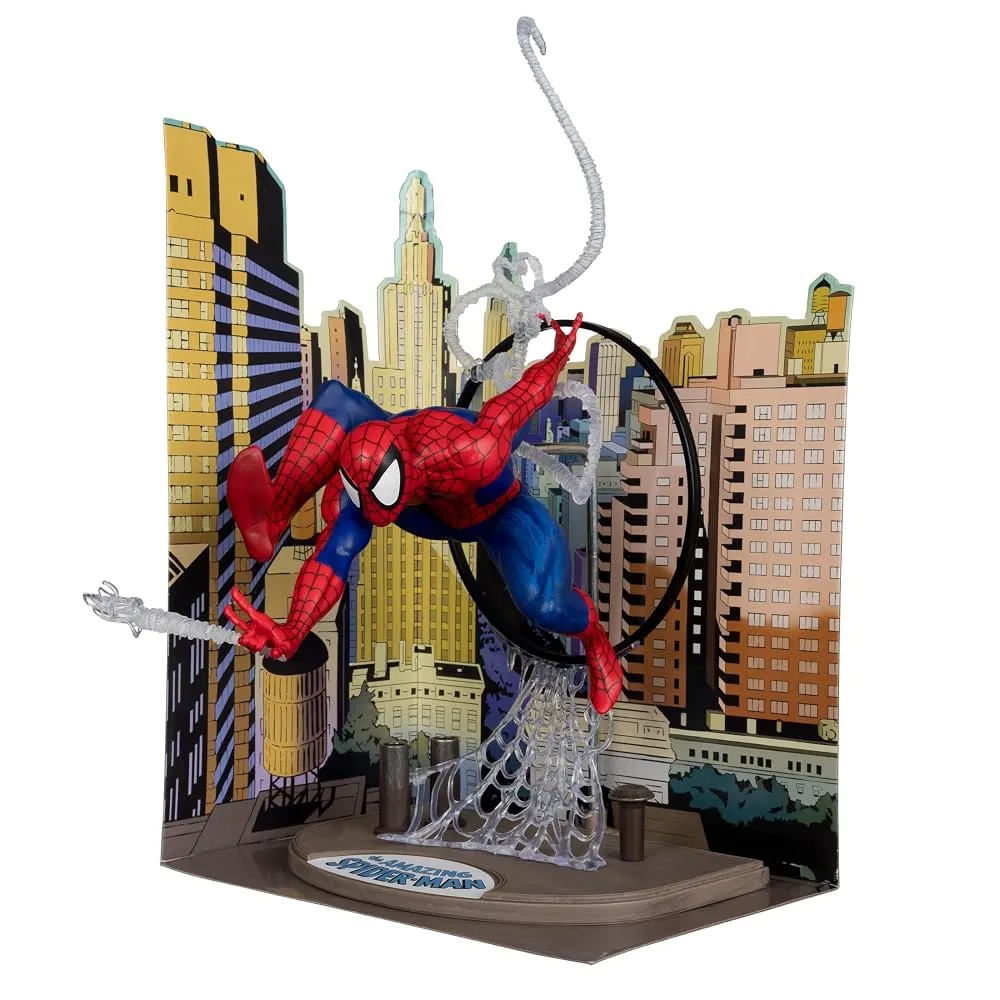 Collection of articulated superhero action figures displayed on a shelf