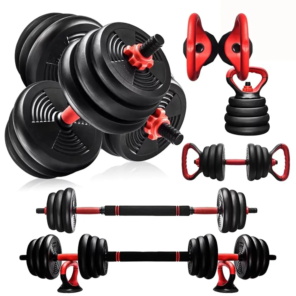 A person using adjustable dumbbells in a clean home gym setup.