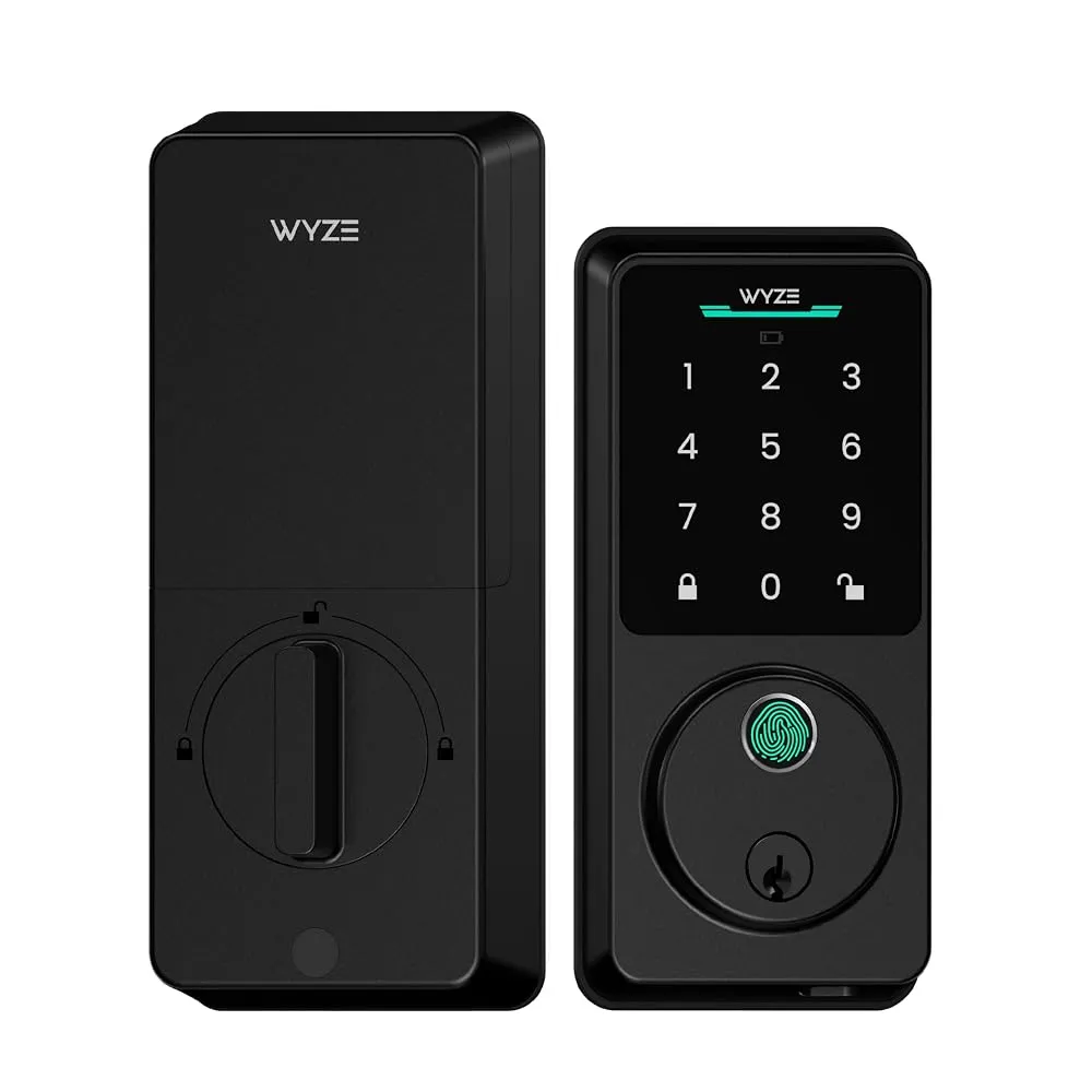 A sleek biometric fingerprint smart lock installed on a modern wooden front door.