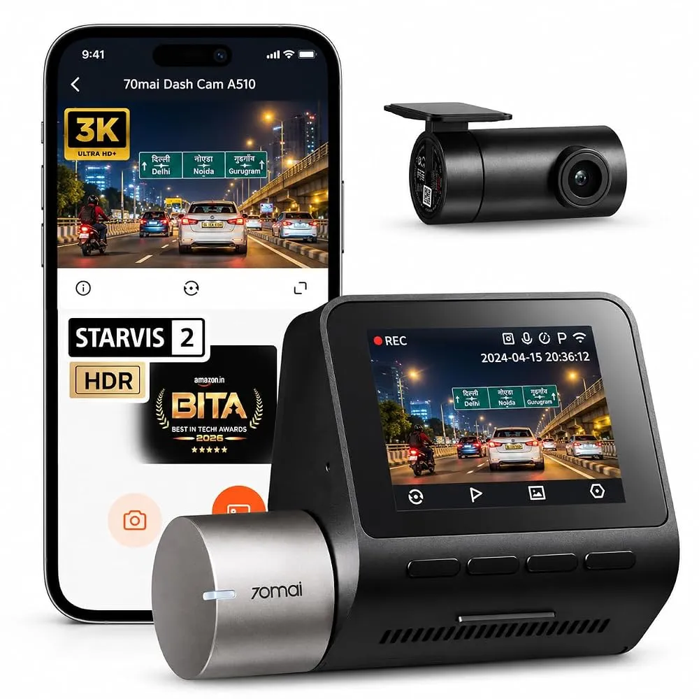 A modern car dashboard camera mounted neatly on a windshield facing Indian traffic.