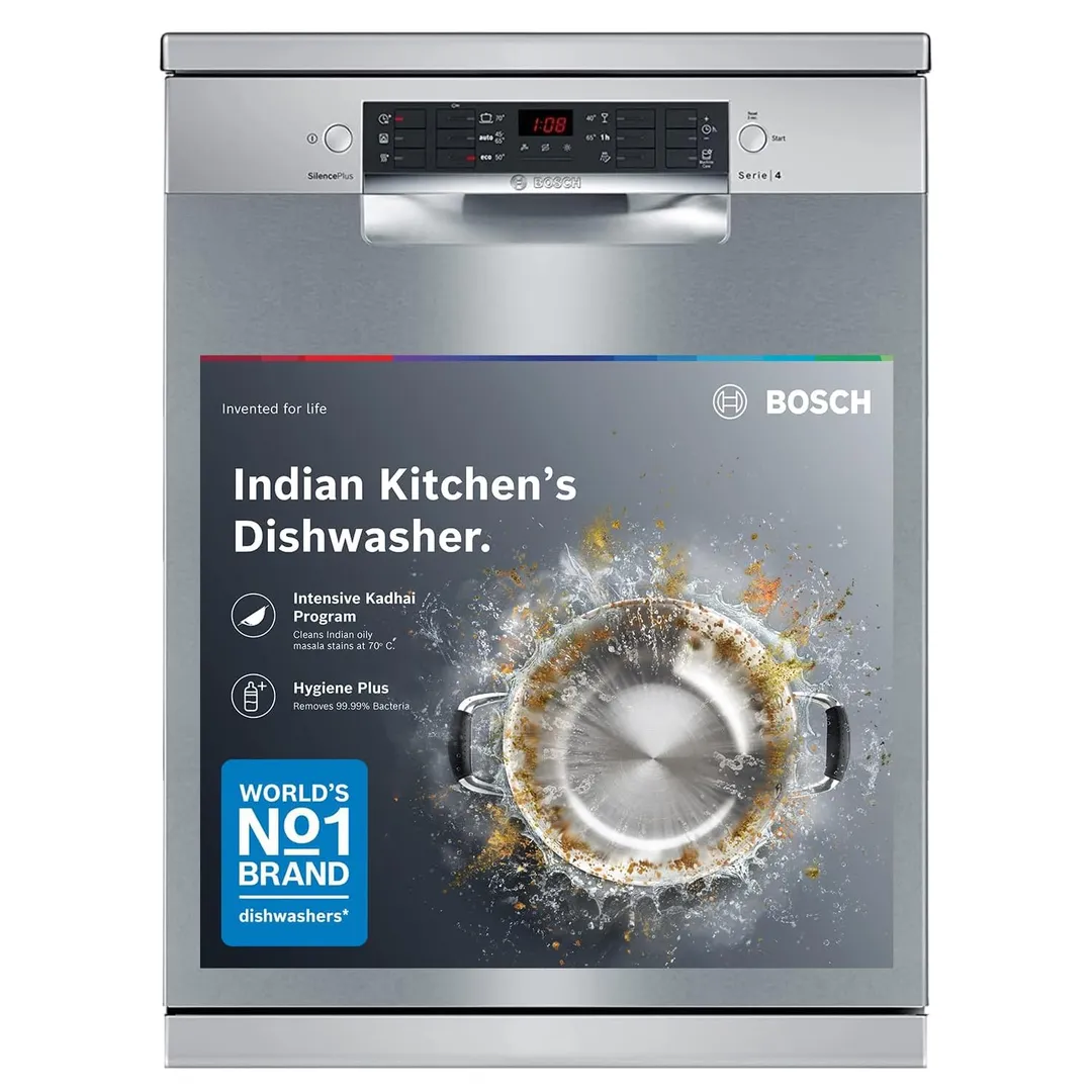 A modern, clean Indian kitchen with a built-in stainless steel dishwasher.