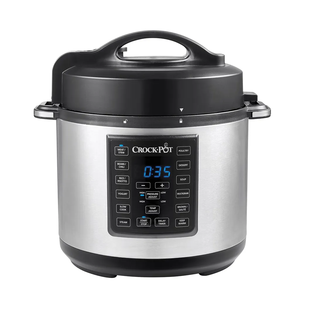 A collection of modern electric pressure cookers on a kitchen counter.