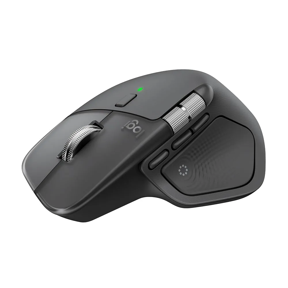 A top-down view of ergonomic mice arranged neatly on a wooden desk next to a keyboard.