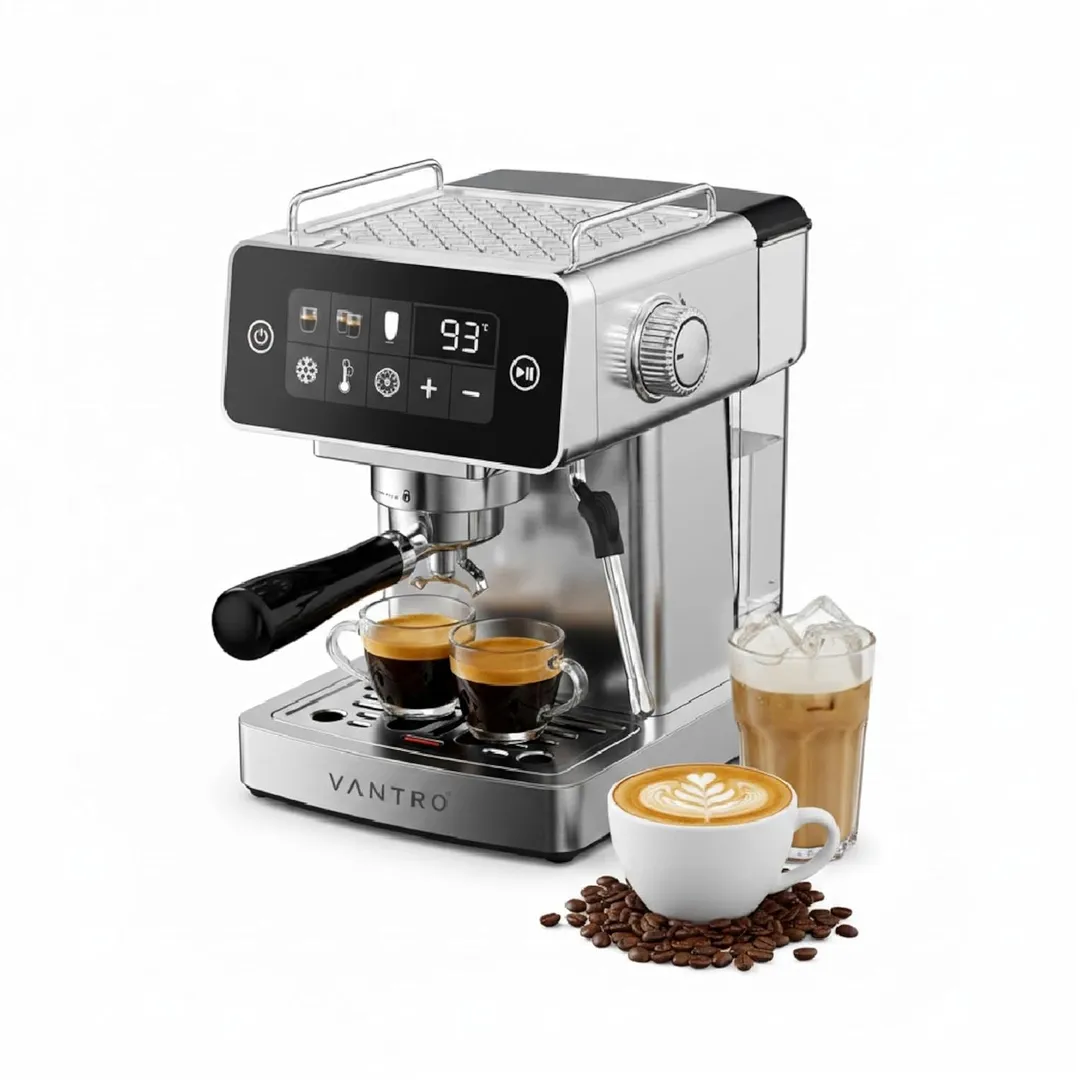 A close-up of a home espresso machine pulling a shot of dark, rich coffee.