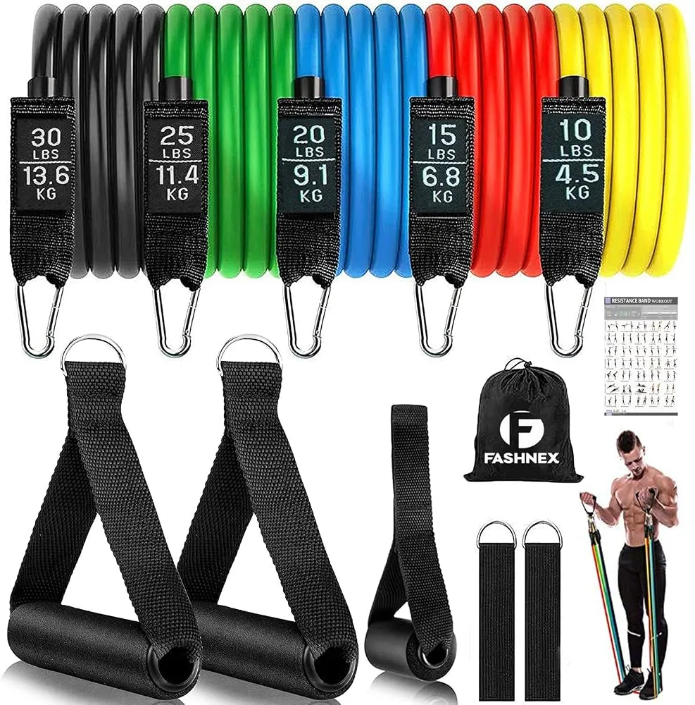 A person using resistance bands for strength training in a home gym setup.