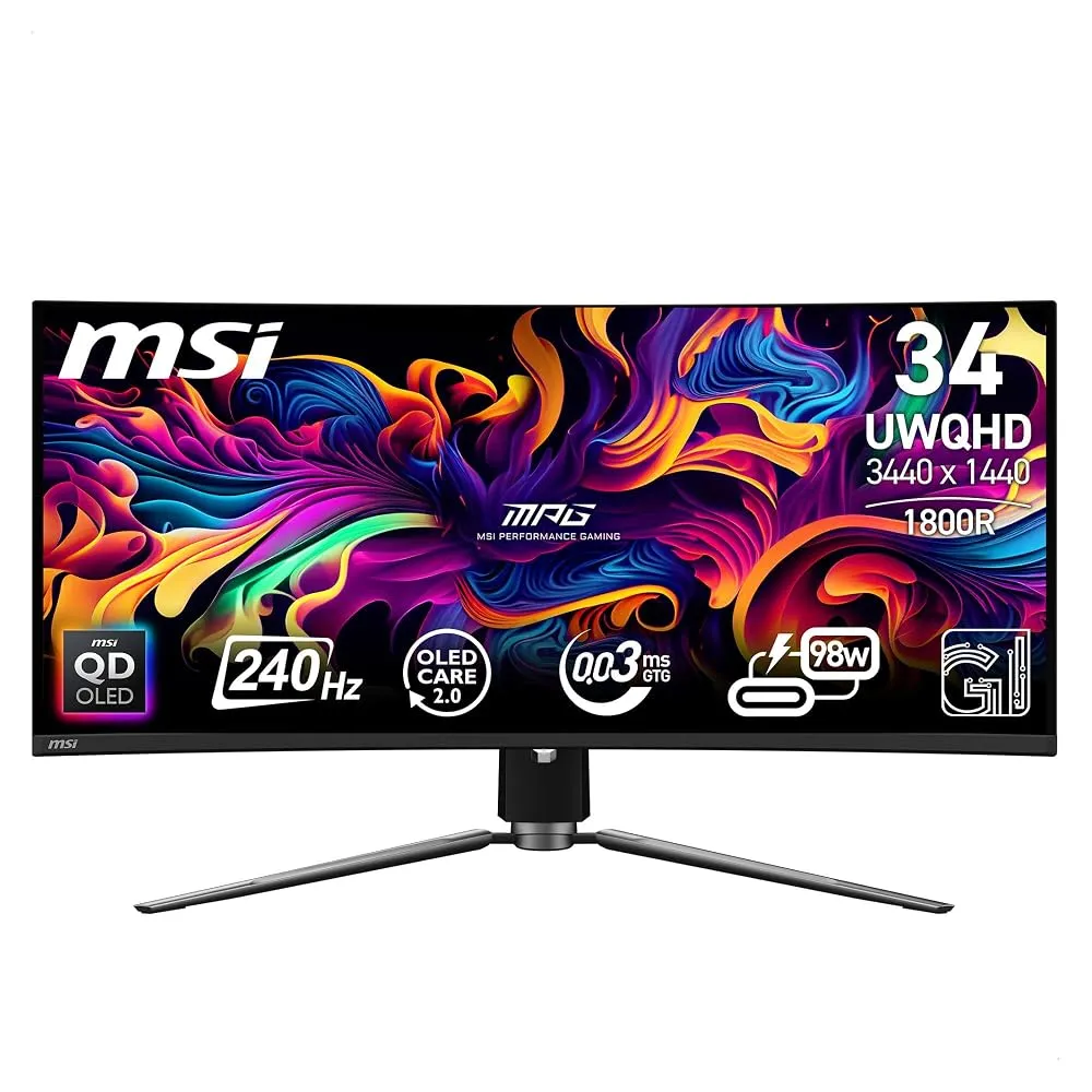 A sleek OLED gaming monitor displaying a vibrant game in a dark room