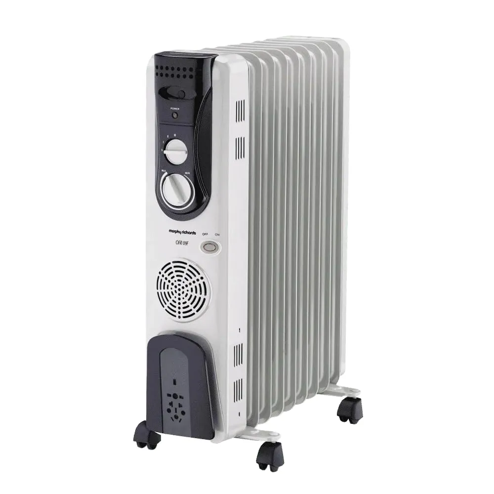 A modern Morphy Richards oil-filled room heater in a cozy living room setting.