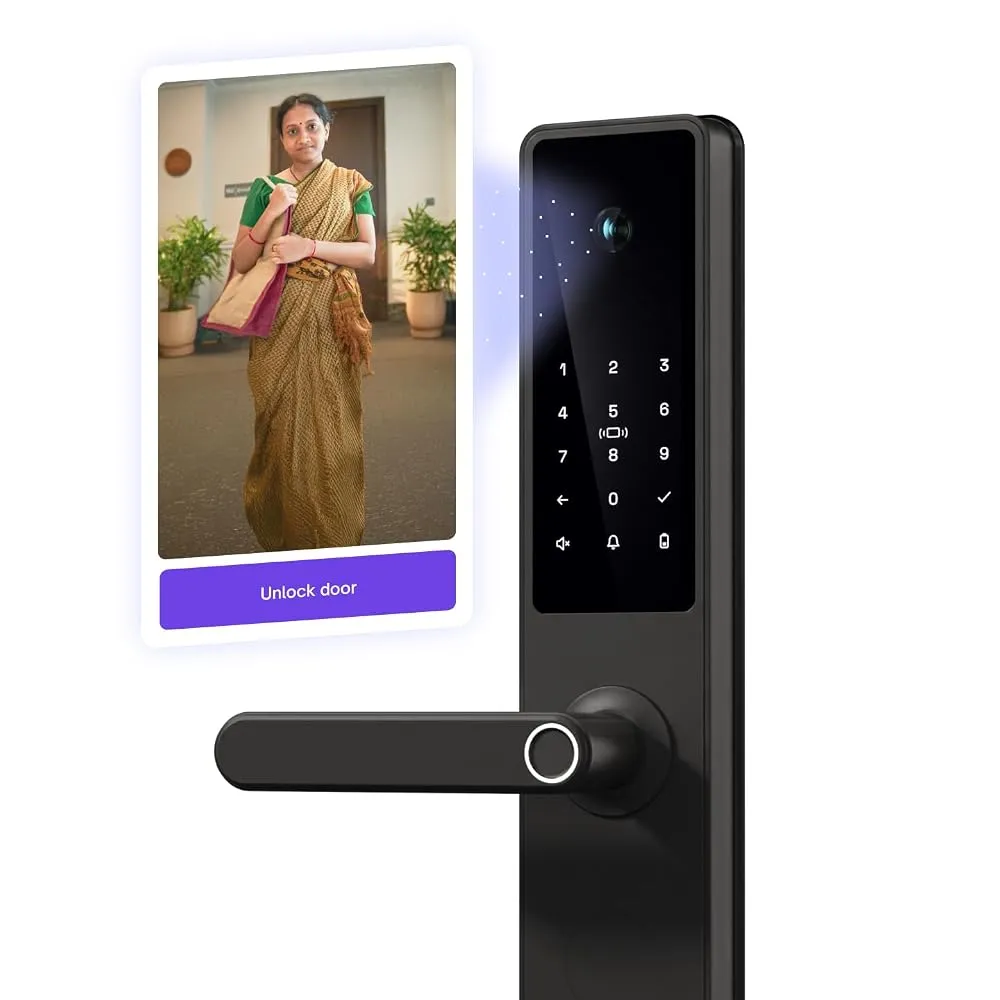 A modern smart door lock installed on an Indian wooden main door