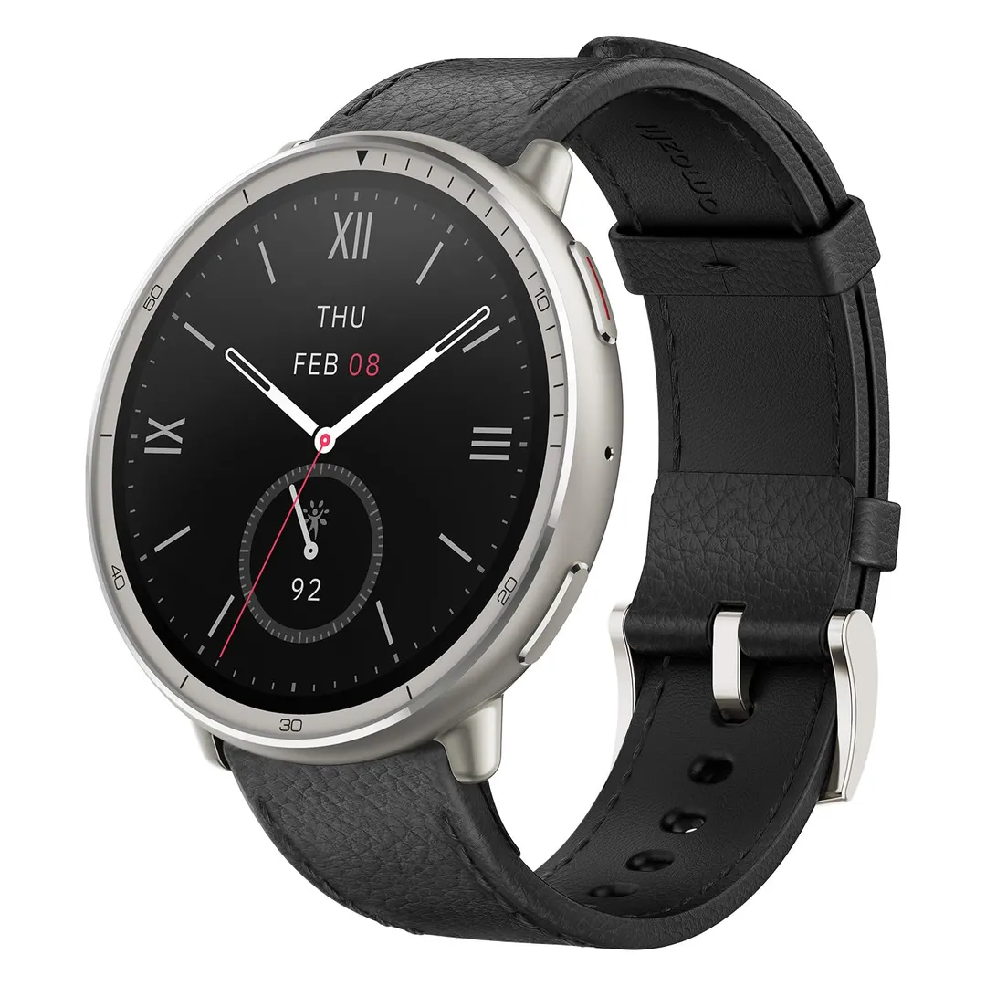 A close-up of a high-quality smartwatch on a person's wrist, showing a clear AMOLED display.